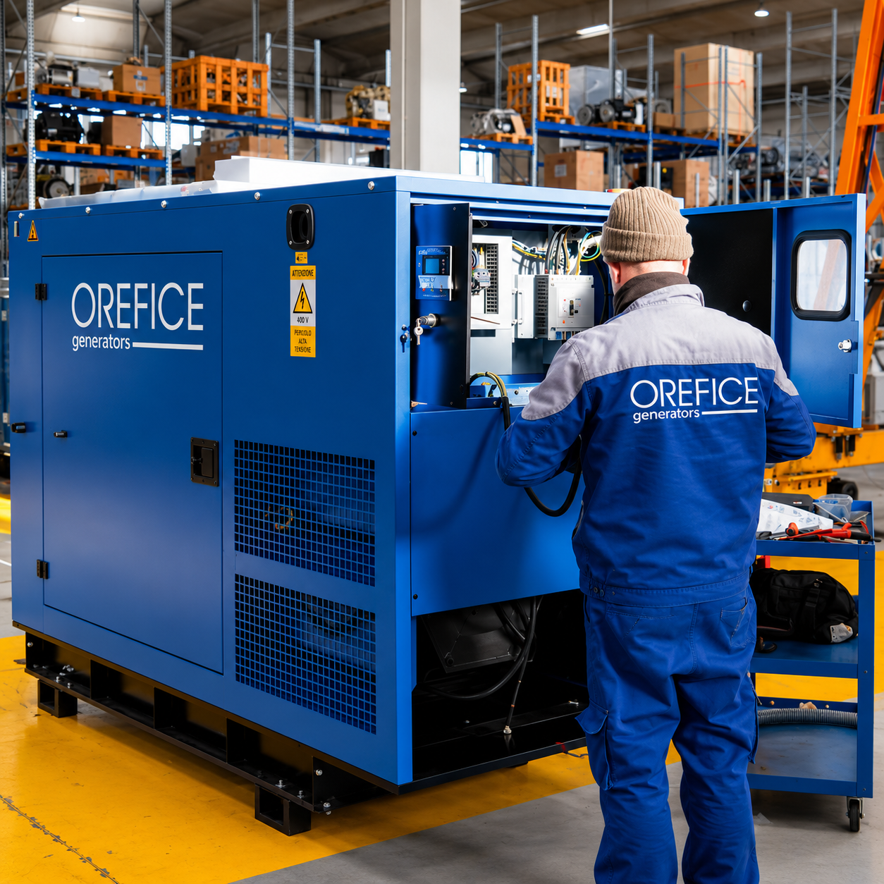 Tecnico Orefice durante manutenzione su un gruppo elettrogeno